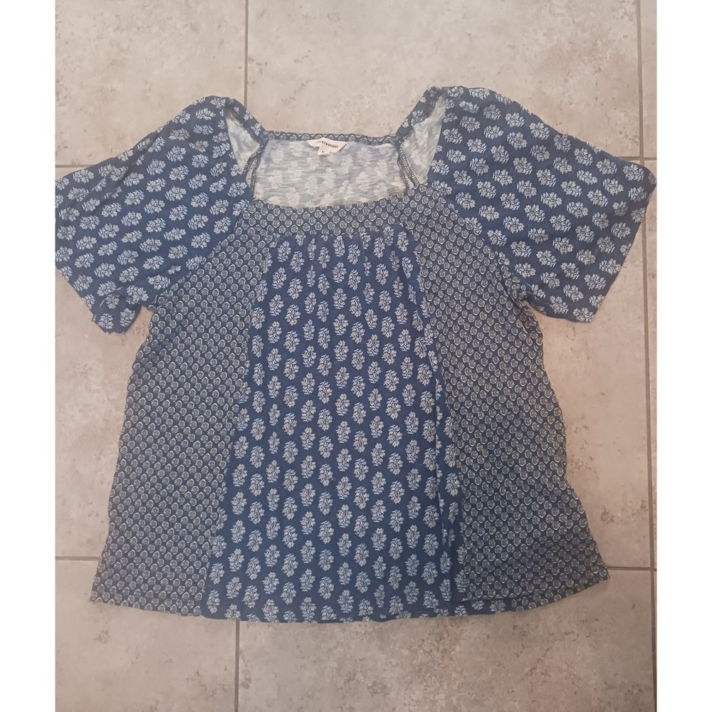 Lucky Brand Blue Mixed Floral Print Square Neck Short Sleeve Top Medium